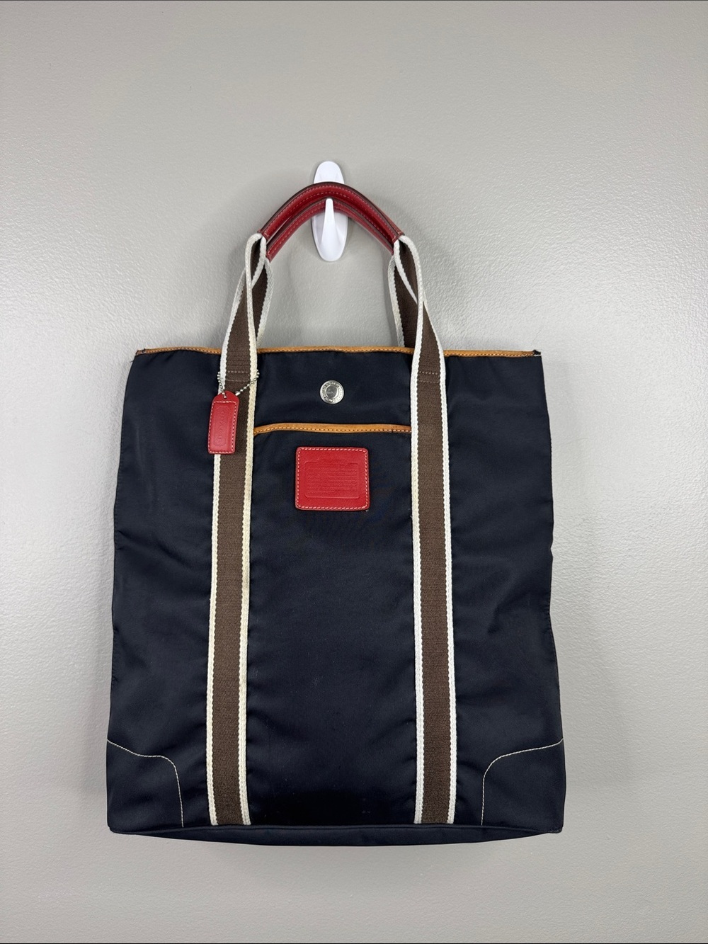 Coach Black Tote Bag 5095 with Brown Straps and Red Accents
